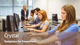  Presentation with end - Slide set enhanced with teachers day backround - four focused students with teacher background and a coral colored foreground