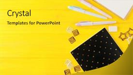  Presentation with school - Amazing PPT theme having teachers day backround - school stationery on wooden background backdrop and a yellow colored foreground
