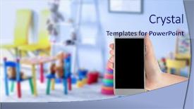  Presentation with school technology - Presentation design consisting of teachers day backround - teacher holding smartphone with blank background and a sky blue colored foreground