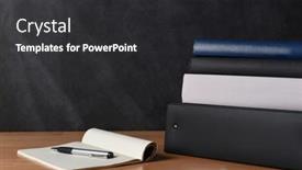  Presentation with teachers - PPT theme with teachers-desk-with-note-pad background and a dark gray colored foreground