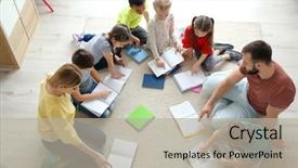 Presentation with school children - Amazing slide deck having teachers helping children with homework backdrop and a light gray colored foreground