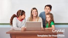  Presentation with teachers - PPT theme enhanced with science literacy - pupils and teachers background and a red colored foreground