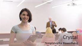  Presentation with female college student uti - Slide set featuring teachers learning - portrait of happy female student background and a coral colored foreground