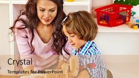  Presentation with children playing - Beautiful presentation theme featuring teachers parents - family with children playing bricks backdrop and a coral colored foreground