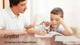  Presentation with problem statement problems and solutions - Colorful presentation design enhanced with teachers parents - father helping son do homework backdrop and a  colored foreground