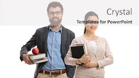  Presentation with teachers - Cool new slide deck with teachers-standing-and-holding-books backdrop and a light gray colored foreground