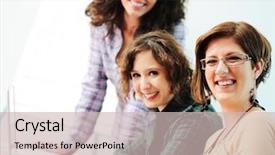  Presentation with group of people - Slide deck consisting of teachers team - group of young happy people background and a soft green colored foreground