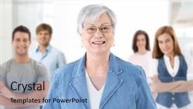  Presentation with teacher and students - Beautiful slide deck featuring teachers team - happy senior teacher looking backdrop and a light blue colored foreground