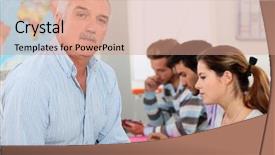  Presentation with trainer - PPT theme enhanced with teachers team - trainer with pupils in classroom background and a coral colored foreground