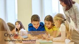  Presentation with school elementary - Presentation theme featuring teachers teamwork - education elementary school learning background and a coral colored foreground