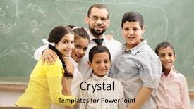  Presentation with school children - Theme consisting of real east - children at school classroom background and a coral colored foreground