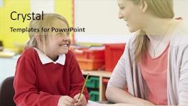  Presentation with pupil - Beautiful PPT layouts featuring teacher helping female pupil with practising writing at desk backdrop and a yellow colored foreground