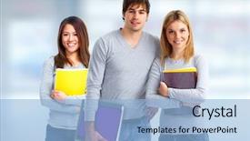  Presentation with group of students raising hands - Slide deck consisting of teaching college - group of students background and a  colored foreground