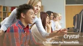  Presentation with computers - Theme having teaching college - students working on computers background and a  colored foreground