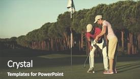  Presentation with golf course - Presentation theme with teaching female golf player personal background and a dark gray colored foreground