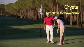  Presentation with golf course - Slides featuring teaching female golf player personal background and a tawny brown colored foreground