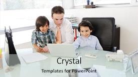  Presentation with father teaching children - Slide set consisting of teaching his sons in office background and a light gray colored foreground