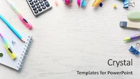  Presentation with teaching - Colorful PPT theme enhanced with teaching materials - office supplies on light wooden backdrop and a light gray colored foreground