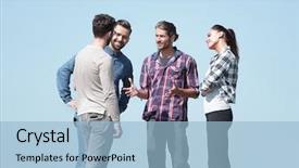  Presentation with creative - Presentation theme featuring teaching methods - creative young people discussing their background and a light blue colored foreground