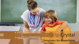  Presentation with teacher lesson plan - Beautiful PPT theme featuring teaching music - teacher assisting boy to play backdrop and a gold colored foreground