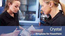  Presentation with cnc - Colorful slide set enhanced with teaching operators - apprentice working with female engineer backdrop and a ocean colored foreground