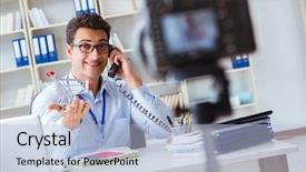  Presentation with blogger - Slide deck featuring teaching operators - business blogger doing webcast background and a light blue colored foreground