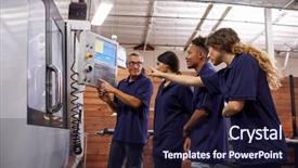  Presentation with cnc machine - Colorful presentation theme enhanced with teaching operators - engineer training apprentices on cnc backdrop and a  colored foreground