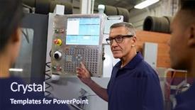  Presentation with cnc machine - Slides with teaching operators - engineer training apprentices on cnc background and a  colored foreground