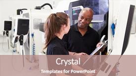  Presentation with cnc - PPT theme enhanced with teaching operators - female apprentice working with engineer background and a  colored foreground