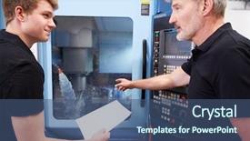  Presentation with cnc - Beautiful theme featuring teaching operators - male apprentice working with engineer backdrop and a ocean colored foreground