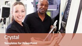  Presentation with cnc machine - PPT theme having teaching operators - portrait of apprentice working background and a coral colored foreground