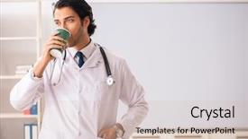  Presentation with rubber gloves doctor puts - Slide deck with teaching physicians - young doctor in front background and a soft green colored foreground