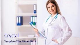  Presentation with worried young female college student - Slide set enhanced with teaching physicians - young female doctor standing background and a  colored foreground