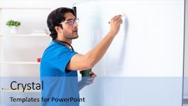  Presentation with whiteboard - Presentation design featuring teaching physicians - young male doctor in front background and a light blue colored foreground