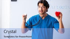  Presentation with whiteboard - Audience pleasing slide set consisting of teaching physicians - young male doctor in front backdrop and a light blue colored foreground