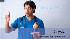  Presentation with metabolic syndrome doctor - Presentation design enhanced with teaching physicians - young male doctor in front background and a teal colored foreground