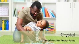  Presentation with father teaching children - Beautiful presentation theme featuring teaching puzzle - father and son paying backdrop and a mint green colored foreground