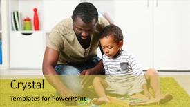  Presentation with father teaching children - Slide set enhanced with teaching puzzle - father and son paying background and a yellow colored foreground