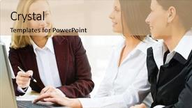  Presentation with business women - PPT theme having teaching science - modern business women discuss background and a coral colored foreground