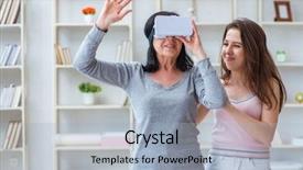  Presentation with virtual reality rehab - Cool new PPT layouts with teaching simulation - senior woman experiencing virtual reality backdrop and a light blue colored foreground