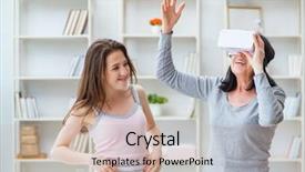  Presentation with virtual reality shooter - Colorful PPT theme enhanced with teaching simulation - senior woman experiencing virtual reality backdrop and a soft green colored foreground