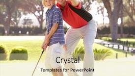  Presentation with father teaching children - Colorful slides enhanced with teaching son to play golf backdrop and a blonde colored foreground