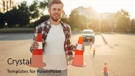  Presentation with vehicle - Cool new slides with teaching student - male vehicle instructor holds cones backdrop and a coral colored foreground