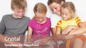  Presentation with kids playing - Theme featuring adolescent cartoon - children with tablet group kids background and a coral colored foreground