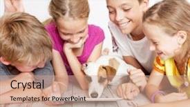  Presentation with cartoon children - PPT theme consisting of adolescent cartoon - kids with tablet group children background and a coral colored foreground