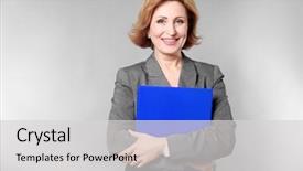  Presentation with grey - Cool new presentation design with teaching styles - attractive senior woman holding folder backdrop and a light gray colored foreground