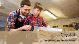  Presentation with workshop - PPT theme having teaching tool - family carpentry woodwork and people background and a coral colored foreground