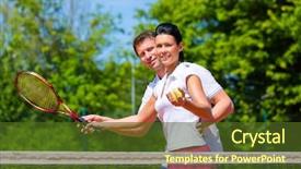  Presentation with squash sport racket - Presentation consisting of teaching woman how to play background and a tawny brown colored foreground