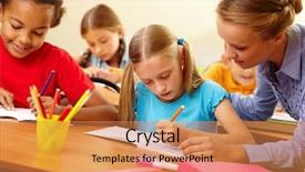  Presentation with teacher lesson plan - Slide deck featuring teaching young children - portrait of teacher looking background and a coral colored foreground