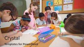  Presentation with elementary children - Presentation design consisting of teaching young children - teacher and pupils working background and a  colored foreground